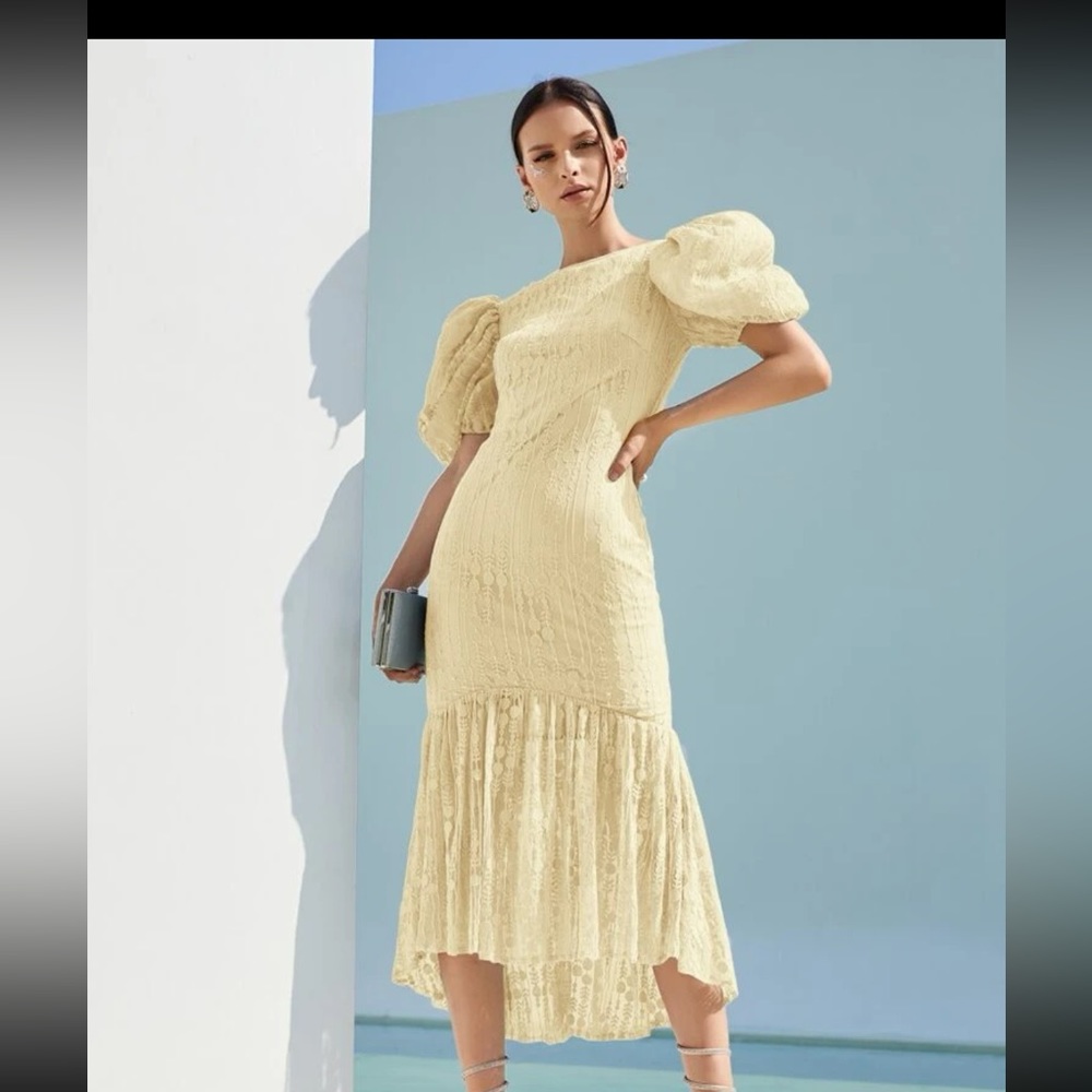 Puff Sleeve Ruffle Hem Lace Overlay Dress